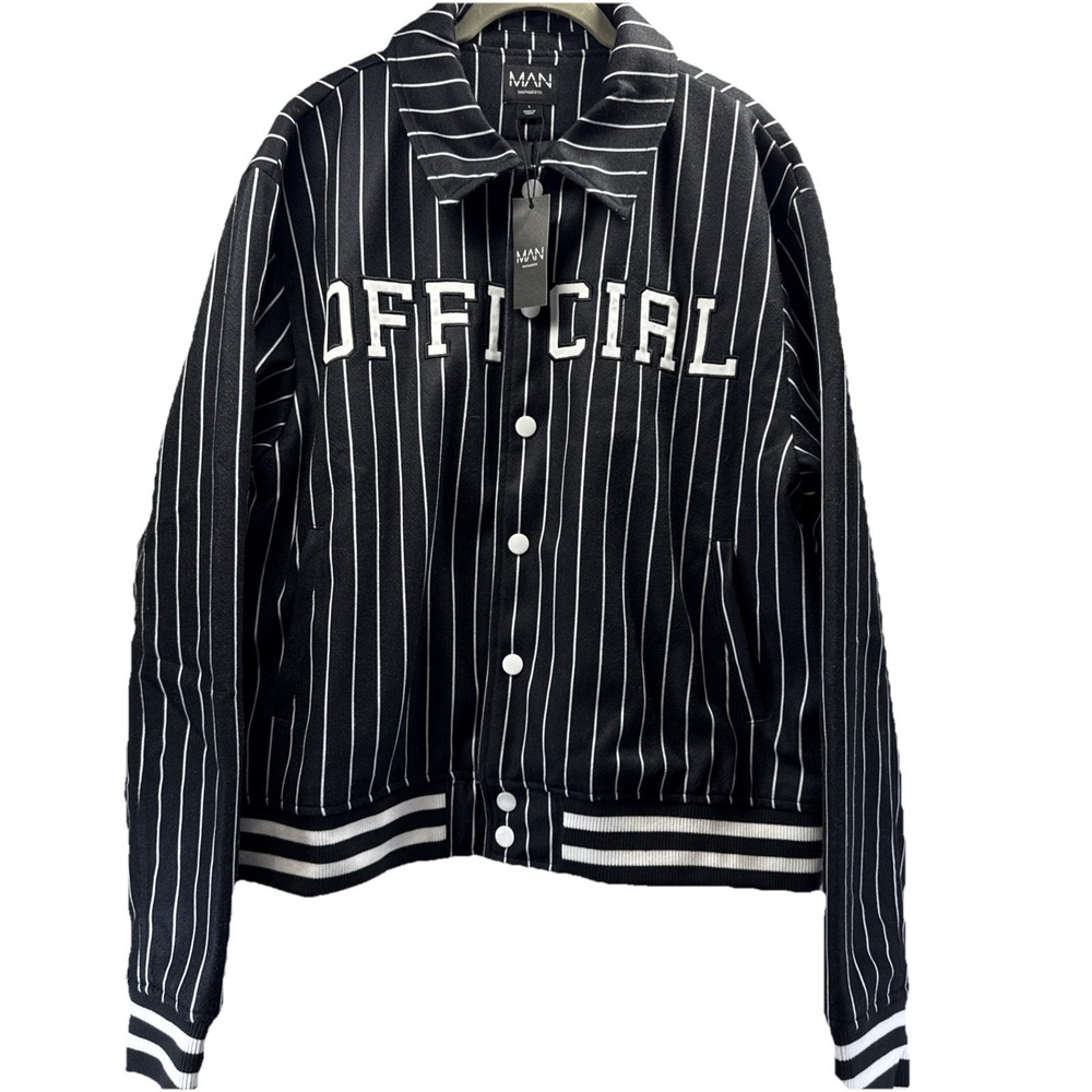 NWT BooHooMan Jacket Mens L Black Bomber Varsity‎ Baseball Pinstripe Striped Y2K